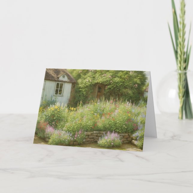 Cottage Garden Flower Scene Art Note Card (Front)