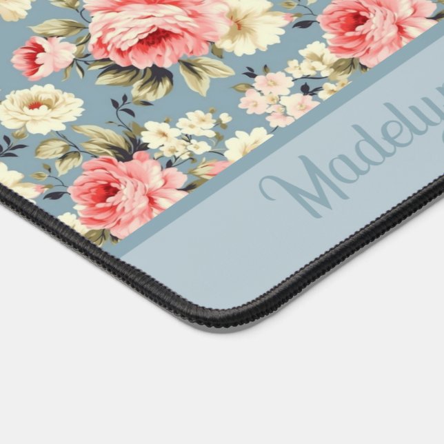 Cottage Garden Flowers Blue Monogram Name Desk Mat (Corner)