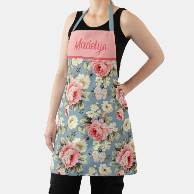 Cottage Garden Flowers Pink Blush Monogram Name Apron (Insitu)