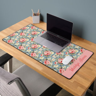 Cottage Garden Flowers Pink Blush Monogram Name Desk Mat