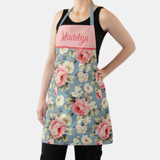Cottage Garden Flowers Pink Monogram Name Apron (Insitu)