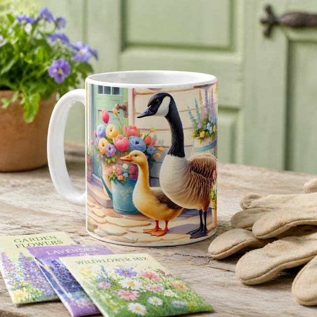 Cottage Garden Geese Spring Illustration Coffee Mug (Cottage Garden Geese Spring Illustration Coffee Mug)