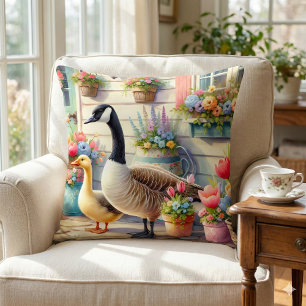 Cottage Garden Geese Spring Illustration Cushion