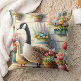 Cottage Garden Geese Spring Illustration Cushion