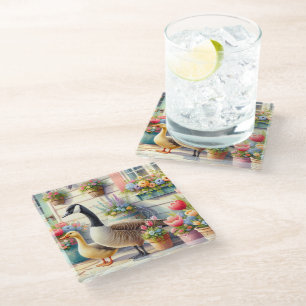 Cottage Garden Geese Spring Illustration Glass Coaster