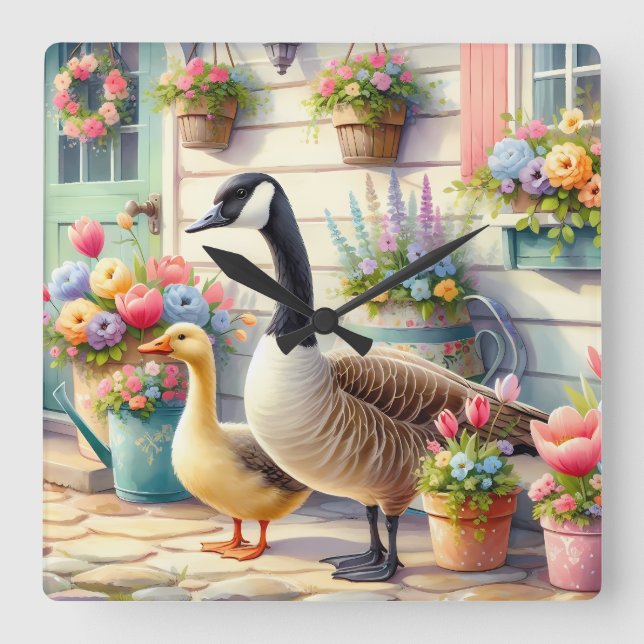Cottage Garden Geese Spring Illustration Square Wall Clock (Front)