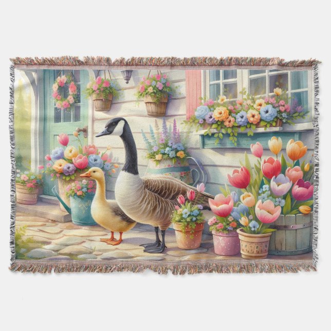 Cottage Garden Geese Spring Illustration Throw Blanket (Front)