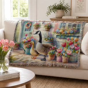 Cottage Garden Geese Spring Illustration Throw Blanket