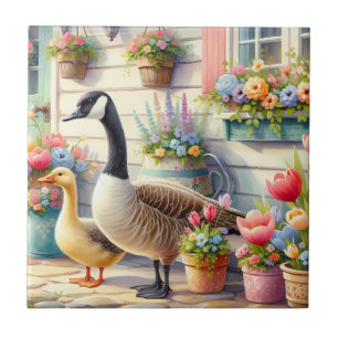 Cottage Garden Geese Spring Illustration Tile