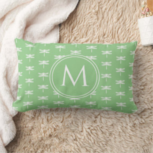 Cottage Garden Green and White Dragonfly Monogram Lumbar Cushion