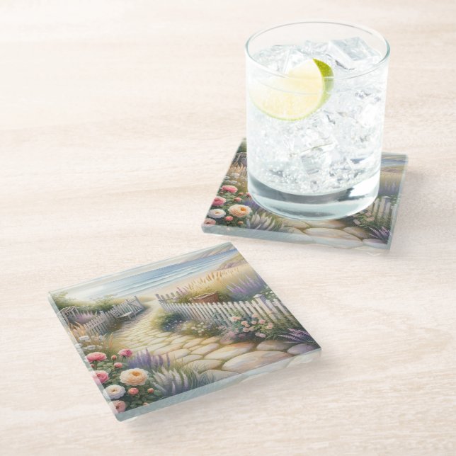 Cottage Garden Path to the Sea Glass Coaster (Angled)