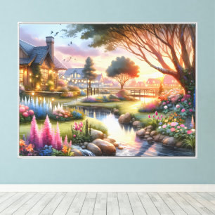 Cottage Garden Stream at Sunset Canvas Print