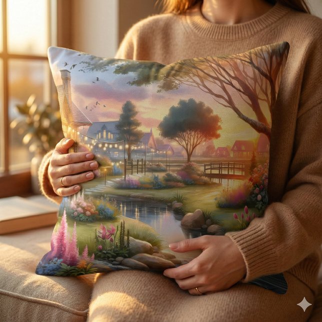Cottage Garden Stream at Sunset Cushion (Cottage Garden Stream at Sunset Throw Pillow Mockup D)