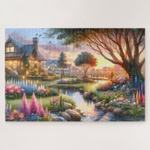 Cottage Garden Stream at Sunset Jigsaw Puzzle