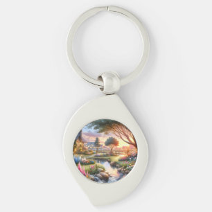 Cottage Garden Stream at Sunset Key Ring