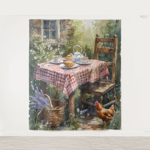 Cottage Garden Tea Morning Watercolor Tapestry