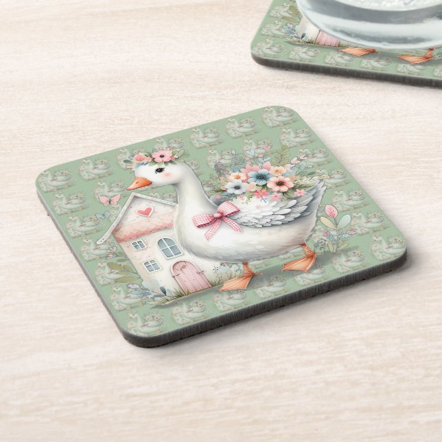Cottage Goose Floral House Scene Coaster (Left Side)