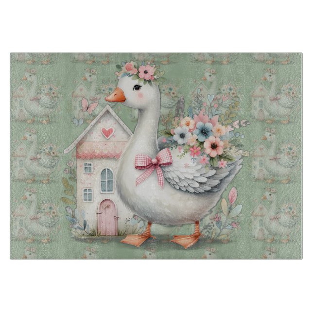 Cottage Goose Floral House Scene Cutting Board (Front)