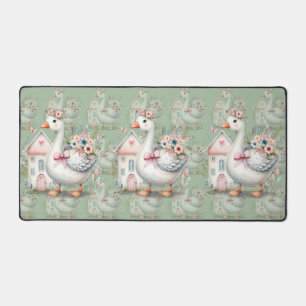 Cottage Goose Floral House Scene Desk Mat
