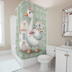 Cottage Goose Floral House Scene Shower Curtain