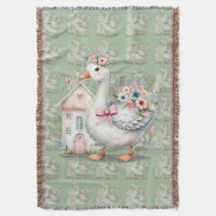 Cottage Goose Floral House Scene Throw Blanket