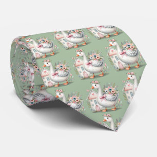 Cottage Goose Floral House Scene Tie