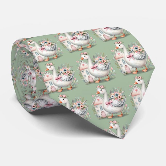 Cottage Goose Floral House Scene Tie (Rolled)