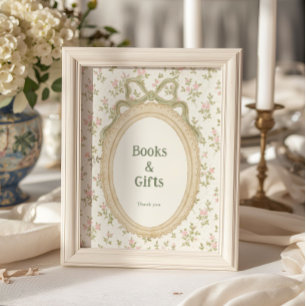 Cottage Green Bow Frame Baby Shower Books & Gifts Poster