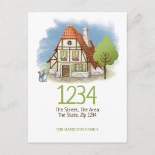 Cottage House Cat and Tree We Have Moved Home Announcement Postcard