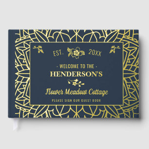 Cottage House Custom Vacation Rental Gold Flower Guest Book