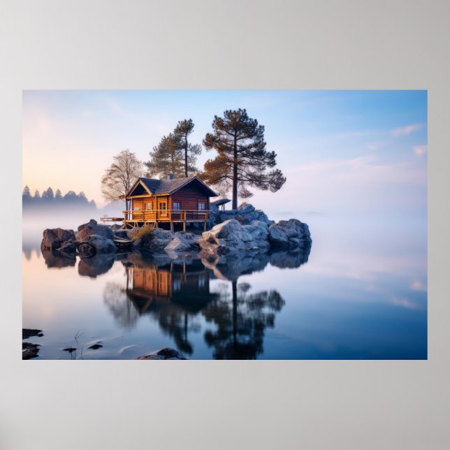 Cottage House On Lake Serene Landscape  Poster (Front)