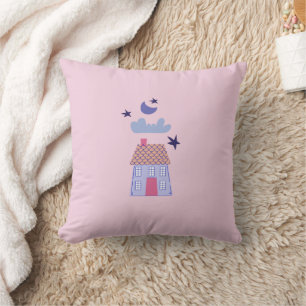 Cottage House Under Moonlit Sky Throw Pillow