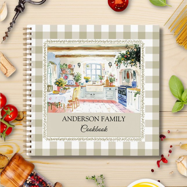 Cottage Kitchen Olive Green Gingham Family Recipe Notebook (In situ)