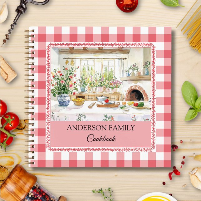 Cottage Kitchen Red Gingham Pattern Family Recipe Notebook (In situ)