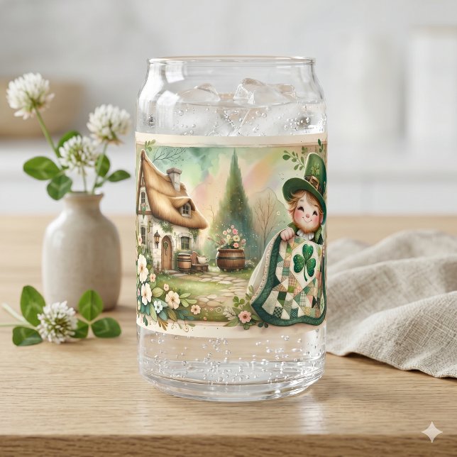 Cottage Leprechaun Patchwork Quilt Scene Can Glass (Cottage Leprechaun Patchwork Quilt Scene Can Glass)