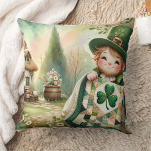 Cottage Leprechaun Patchwork Quilt Scene Cushion