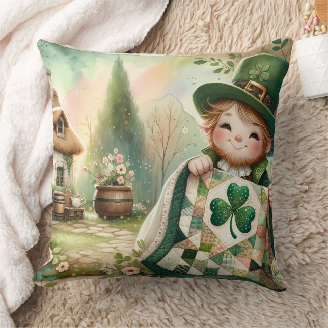 Cottage Leprechaun Patchwork Quilt Scene Cushion (Blanket)
