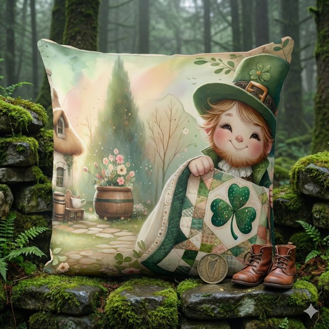 Cottage Leprechaun Patchwork Quilt Scene Cushion (Cottage Leprechaun Patchwork Quilt Scene Throw Pillow Mockup A)