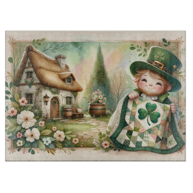 Cottage Leprechaun Patchwork Quilt Scene Cutting Board (Front)