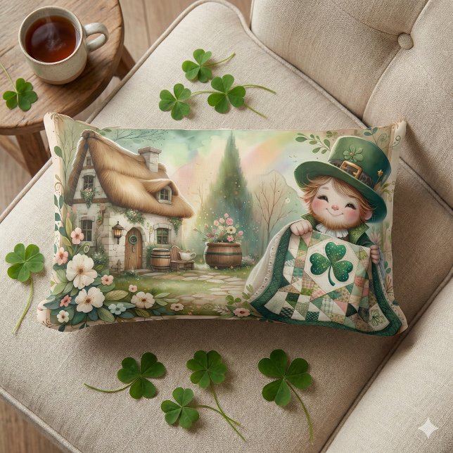 Cottage Leprechaun Patchwork Quilt Scene Lumbar Cushion (Cottage Leprechaun Patchwork Quilt Scene Lumbar Pillow Mockup A)