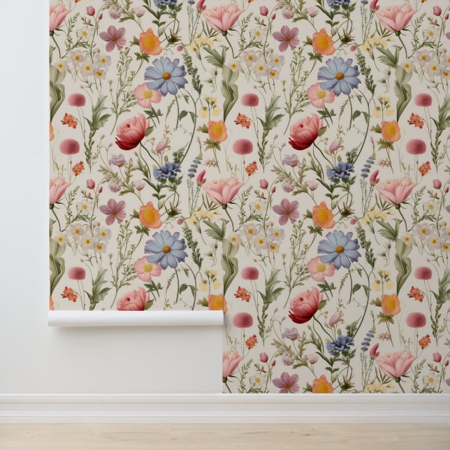 Cottage Meadow Colourful Wildflowers Wallpaper (Application)