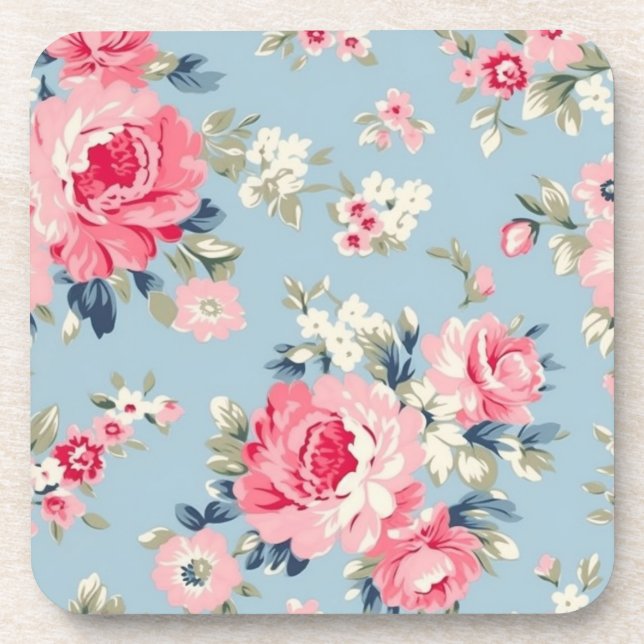 Cottage Pink Roses on Blue Background Coaster (Front)