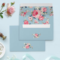 Cottage Pink Roses on Blue Background