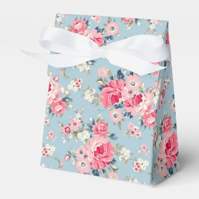 Cottage Pink Roses on Blue Background Favour Box (Front Side)