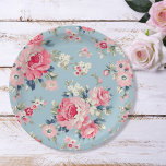 Cottage Pink Roses on Blue Background Paper Plate<br><div class="desc">Elegant and romantic seamless floral pattern featuring cottage style pastel pink roses with white and pink wildflowers on light sky blue background.</div>