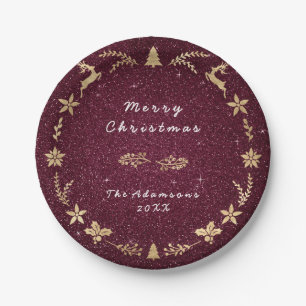 Cottage Red Burgundy Glitter Gold Christmas Paper Plate