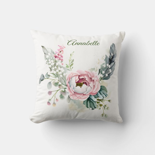 Cottage Rose and Baby's Breath Throw Pillow (Front)