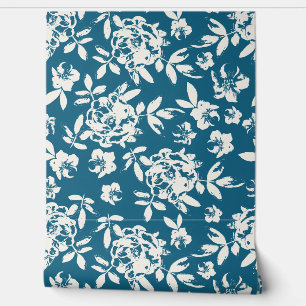 Cottage Rose Floral - Sapphire Blue and White Wallpaper