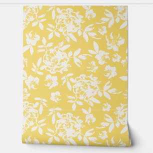 Cottage Rose Floral - Sunny Yellow and White Wallpaper