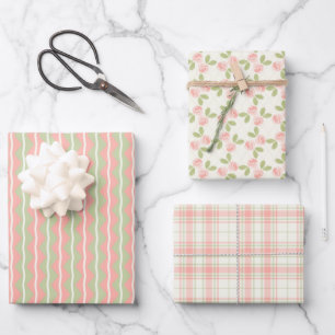 Cottage Roses, Tartan and Stripes Set in deep pink Wrapping Paper Sheet
